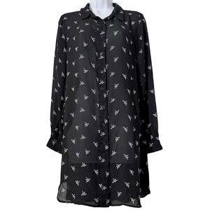 Press Dress Paper Crane Print Button Down Shirt Dress Tunic Top Sz M Semi-Sheer